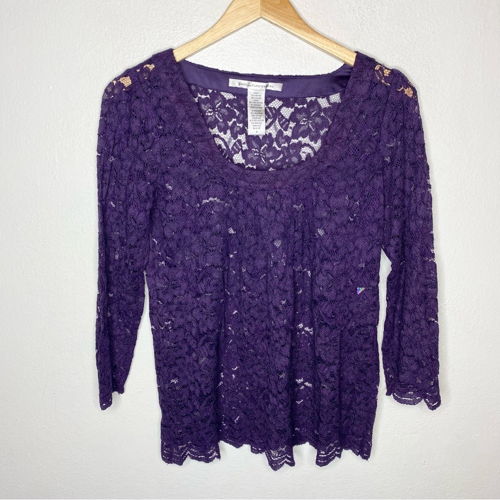 Diane Von‎ Furstenberg DVF Hasina Purple Lace Top Shirt with Scalloped Hem